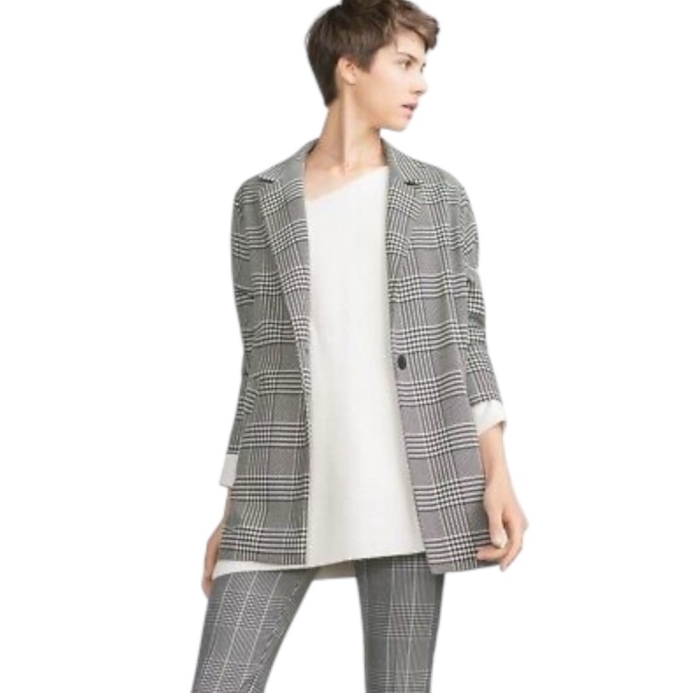 ZARA Houndstooth Black White One Button Blazer Oversized Relaxed Fit Size S